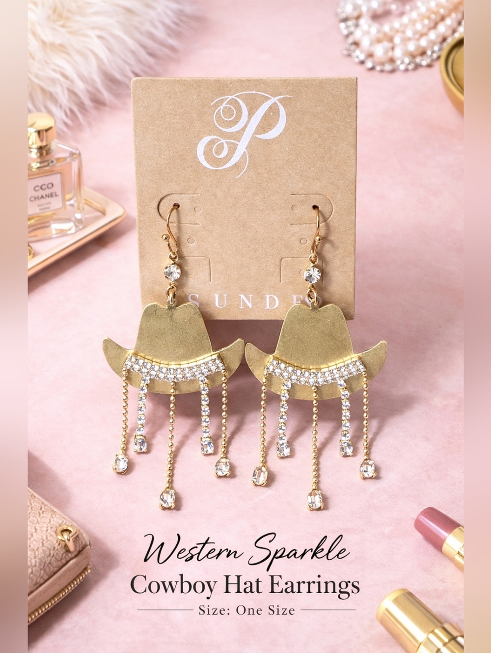 Western Sparkle Gold Cowboy Hat Earrings - Gold